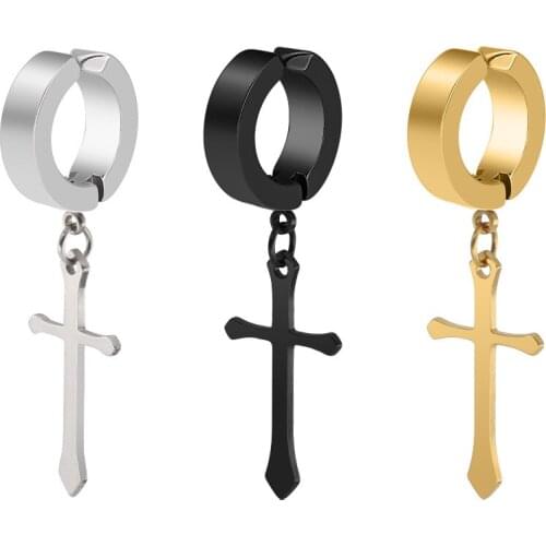 New Women Mens Stainless Steel Dropping Earrings Non Piercing Earrings Cross Gothic Punk Rock Style Pendientes Mujer Moda