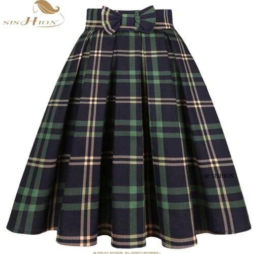 SISHION Blue Green Women Summer Cotton Vintage Skirt with Pockets SS0012 harajuku Punk Rokken Pleated Plaid Skirt Women Faldas