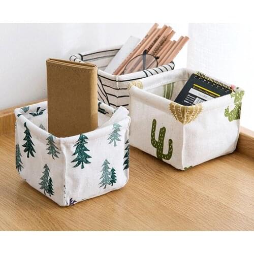 Foldable Sundries Storage basket Cute Printing Cosmetics Container Multifunction Cotton Linen Storage Basket Desktop Organizer