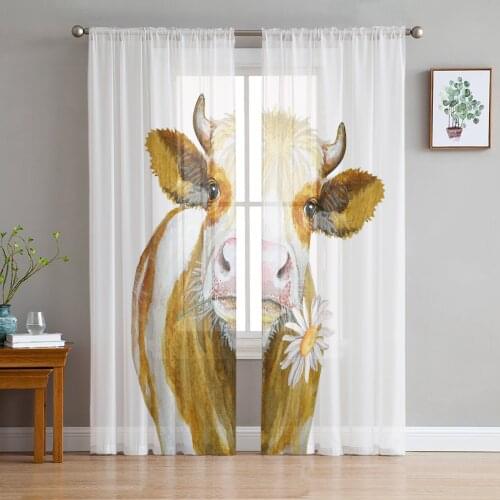 Farm Animal Daisy Cow White Window Treatment Tulle Modern Sheer Curtains for Kitchen Living Room the Bedroom Curtains Decoration