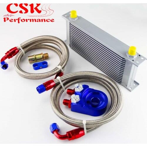 Universal 16 Row 248mm AN8 Engine Transmission Oil Cooler British Type + Aluminum Filter Adapter Kit Black/Blue