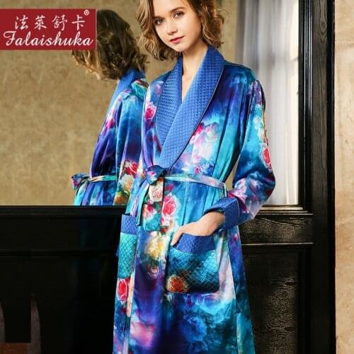 Elegant rose winter 100% genuine silk women robes nightgowns sexy plaid Thicken mulberry silk robes women Dressing gown S5654