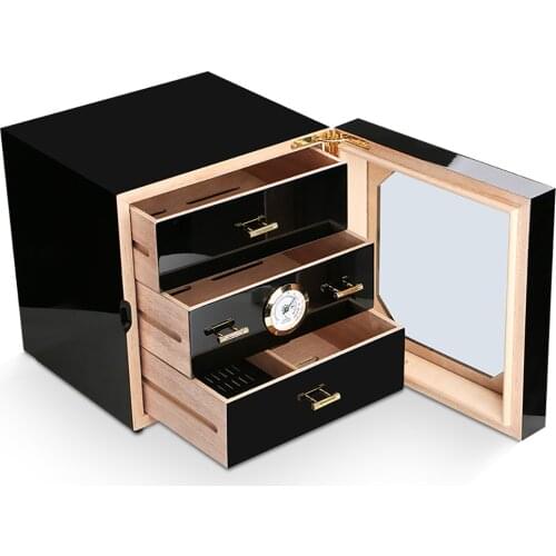 Large Capacity Cigar Storage Box Luxurious 3 Drawers Cedar Wood Cigarette Box Humidor With Hygrometer Humidifier