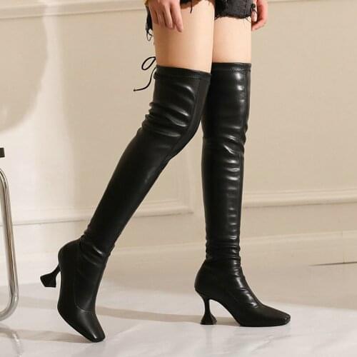 Fashion Women Over the Knee Boots 9CM Wine Glass Heel Square Toe Thigh High Stretch Boots Sexy Slim Autumn Winter Womens Boots