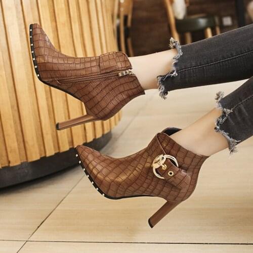 2019 Zanpace New Womens Boots Plaid High Heels Leather Shoes Buckle Short Plush Ankle Shoes Fashion Office Martin Boots