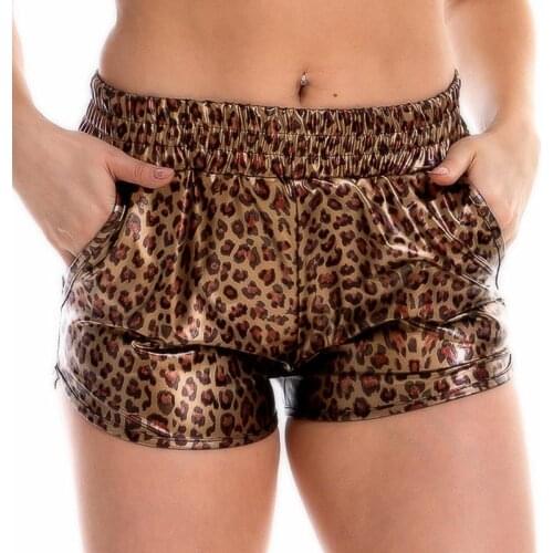 Women Skinny PU Leather Gold Leopard Shorts Summer Shiny Elastic Waist Metallic Booty Club Rave Festival HotPants Bottoms