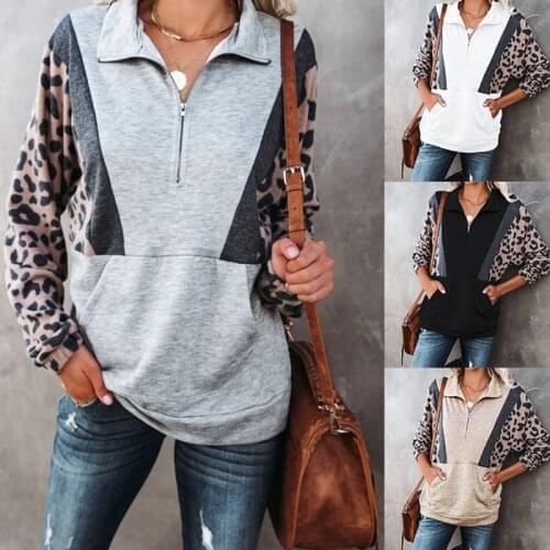 Women Hoodies Leopard Print Patchwork Spring New Casual Woman Clothes Pocket Hoodie Female Long Sleeve Femme Pullover Wholesale