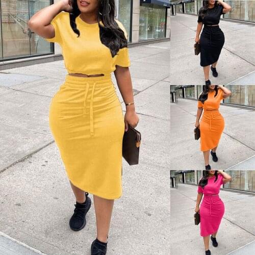 2021 Autumn Sexy Solid Short Sleeve Sexy Corset Crop Tank Tops Split Back Bodycon Skirt Set Two Piece Suit Casual Female Outfits