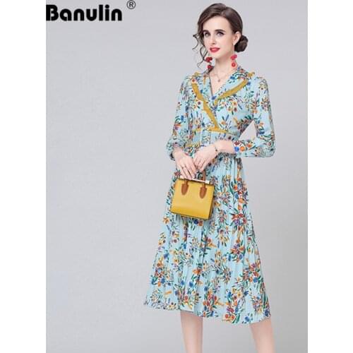 Banulin 2021 Runway Designer Autumn Dress Womens Long Sleeve Casual Holiday Floral Print Slim Pleated Elegant Dress N68615