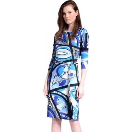Blue elegant slim belt unique geometry print o-neck knitted elastic one-piece dress