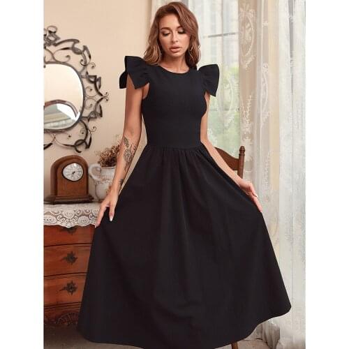 2021 Summer Sexy Ruffles O Neck Casual Slim Black Women Evening Party Dress Ladies Elegant Maxi Vestidos De Festa Robe DH7533