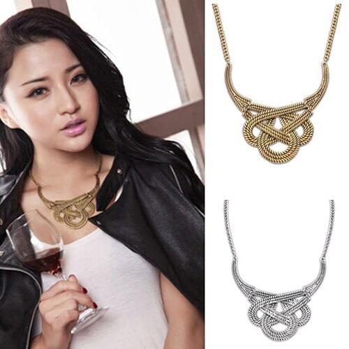 Fashion Design Womens Vintage Ethnic Knot Drop Pendant Choker Statement Alloy Chain Necklace