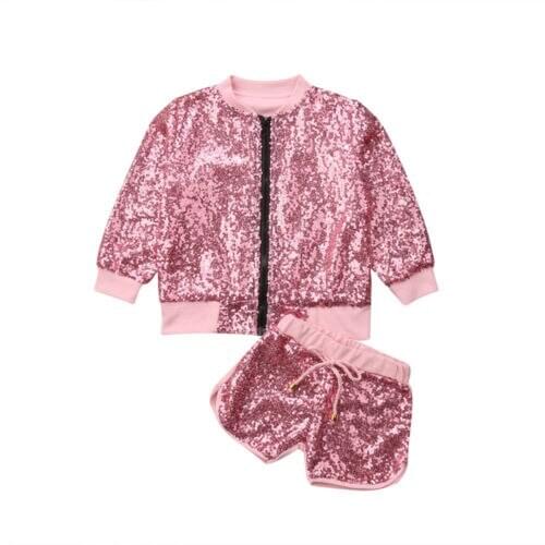 2018 Toddler Kids Girls Outfits Suits Sequins Long Sleeve Tops Jacket Coat Shorts Casual Fashion Clothes Set Autumn Winter 1-5T
