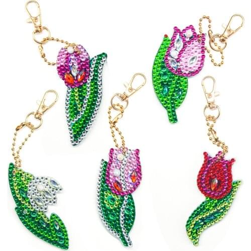 5Pcs DIY Special Shape Diamond Painting Keychain Flowers Full Drill Diamond Embroidery Keychains For Women Bag Key Chain Pendant
