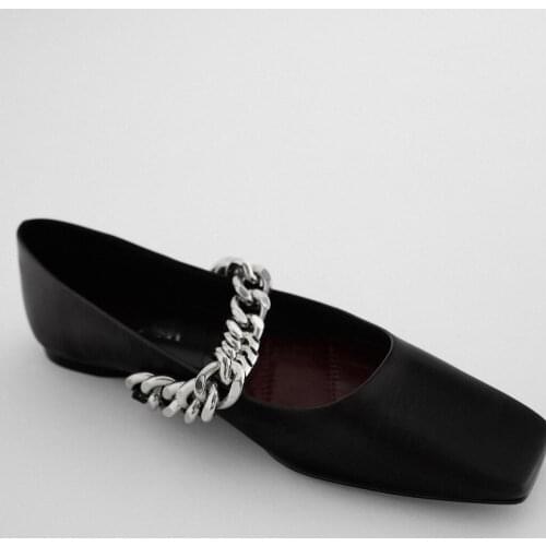 Brand Black Classic Flat Womens Shoes Spring and Summer Metal Chain Decoration Single Shoes All-match Comfortable Womens Shoes