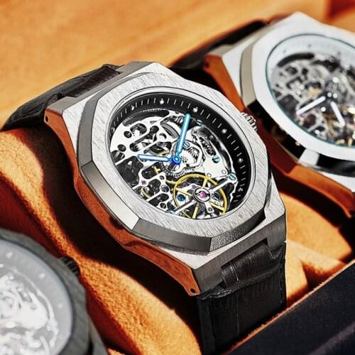 AILANG Luxury Silver Case Mechanical Watch Men Automatic Tourbillon Business Waterproof Wrist Watch for Men Relogio Masculino