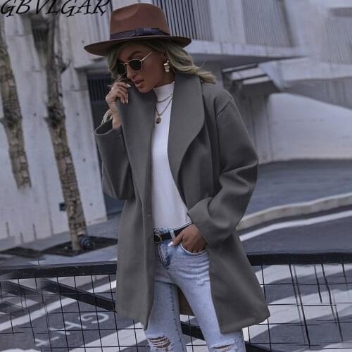 GBVLGAR Women Turn-down Collar Button Woolen Coat Autumn Winter Long Sleeve Jacket Elegant Office Lady Plus Size Tops Long Coats