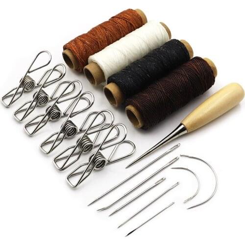 DIY Leather Craft Tools Stainless Steel Clips Leather Punch Awl Leather Needles Wax Thread Leather Assistive Supplies Tool Set