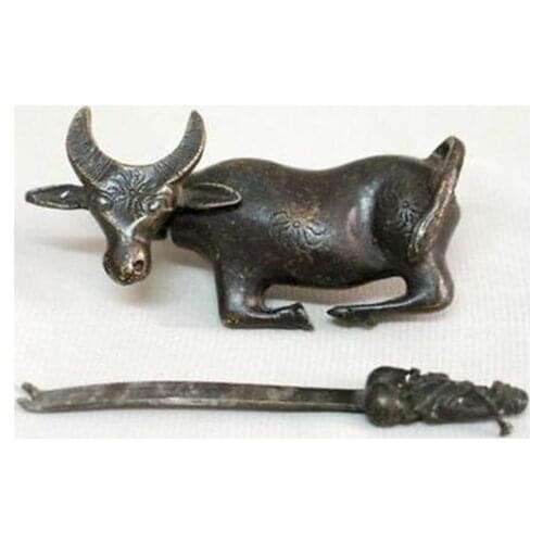 Exquisite old Chinese style Brass Carved Cattle padlock lock and key