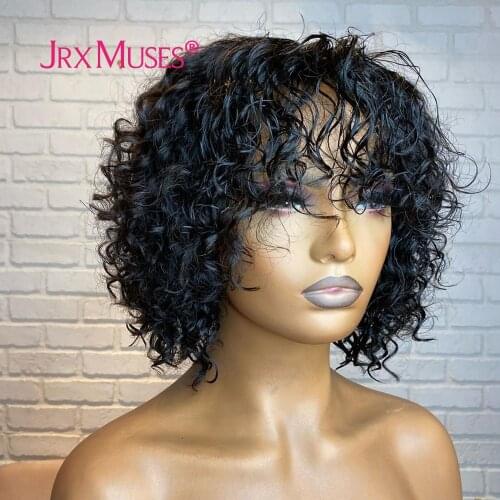 Short Curly Bob Human Hair Wigs Black Colored Guleless Brazilian Remy Curly Full Machine Made Wigs With Bangs 180% For Women