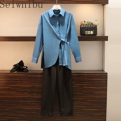 Seiwnibu2020 Spring Two piece set Casual Turn-down Collar Single Breasted Pockets Belt Top + Pants Button Zipper Set 2 Piece Set