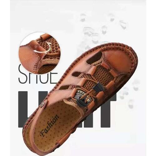 Summer Mens Sandals Leather Covered Mesh Hollow Out Comfortable Casual Sandals Comfortable Antiskid Beach Shoes