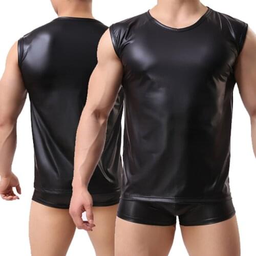 Sexy Men Undershirts PU Leather Black Tank Tops Latex Clubwear Fitness Singlet Underwear Sleeveless Shirts Camisetas Streetwear
