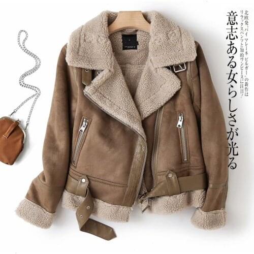 Trendy Women Winter Faux Shearling Sheepskin Fake Leather Jackets Lady Thick Warm Suede Lambs Short Motorcycle Brown Coats