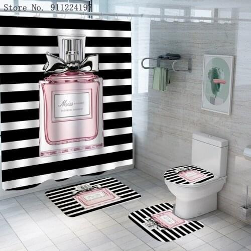 4 Pieces Black White Stripes Shower Curtains Sets With Carpet Toilet Mat 3D Print Perfume Bathroom Shower Curtain Bathroom Decor