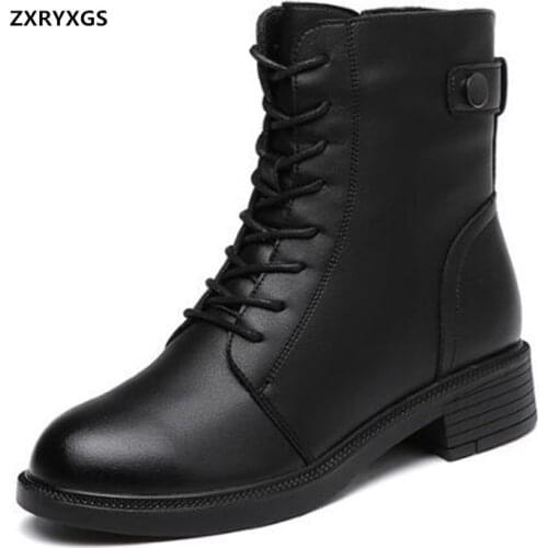 New Top Cowhide Leather Shoes Black Martin Boots Women Winter Boots Inisde Plush / Wool Warm Temperament Tide Boots Snow Boots