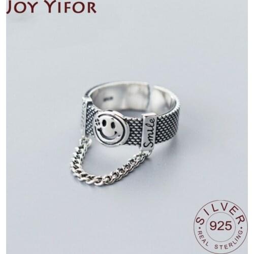 925 Sterling Silver Vintage Smiling Face Chain Tassel Opening Rings for Women Couples Engagement Ring Jewelry Gifts