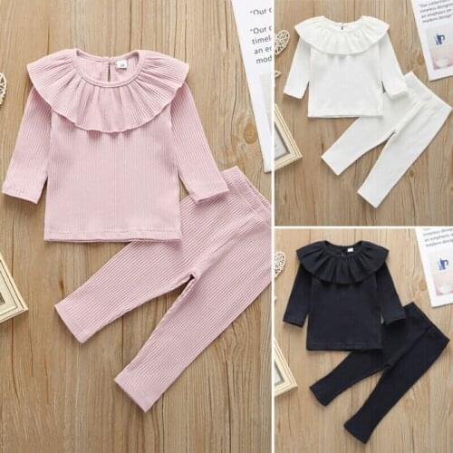 CANIS Autumn Toddler Baby Girl Long Sleeve O Neck Solid Color Knitted Ruffle Tops T-Shirt Leggings Pants Clothes