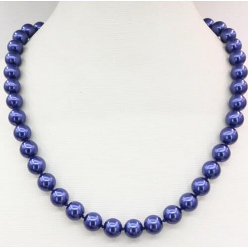 New fashion dark blue shell charms simulated-pearl 10mm round beads necklace for women party prom gift chain choker 18inch B3218