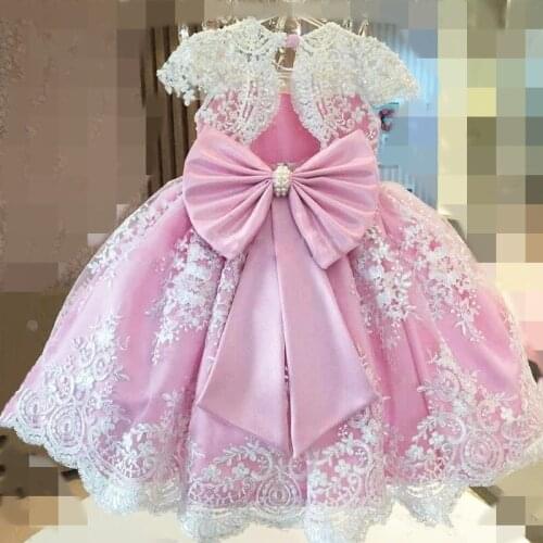 Pageant Real Pink Princess Pearls 3D Lace Backless Wedding Flower Girl Dress O-neck Ball Gown Little Baby First Communion Dress