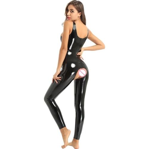 Sexy Womens Latex Jumpsuit Catsuit Lingerie Wet Look Leather Sleeveless Open Crotch Bodysuit Pole Rave Evening Clubwear Costumes