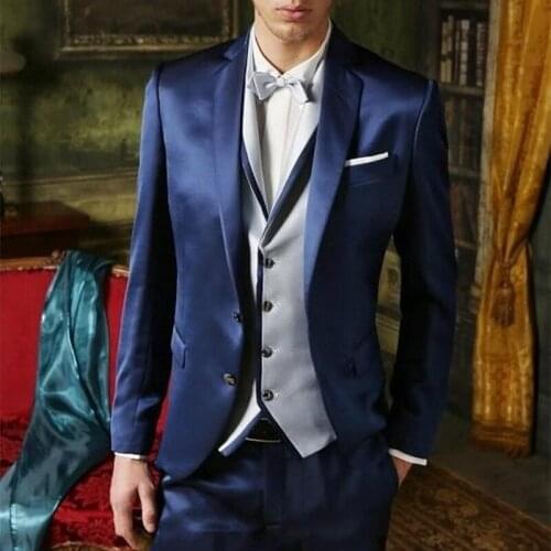2021 Groom Tuxedo Shiny Navy Blue Groomsmen Notch Lapel Wedding Dinner Suits Best Man Bridegroom suit (Jacket+Pants+Vest)
