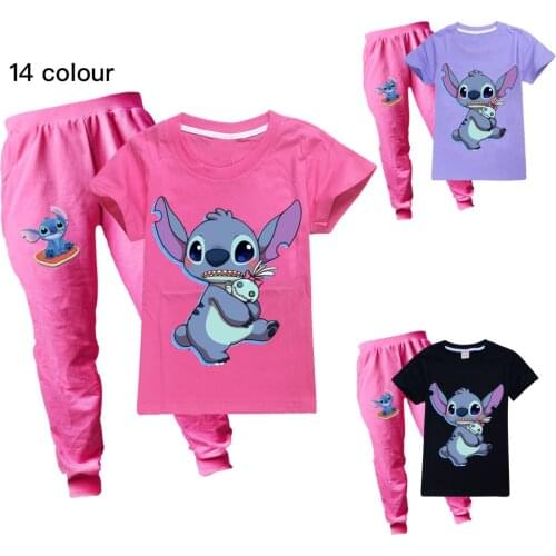 Disney Stitch Cartoon Girls Sets Short Sleeve Tracksuit For 2-15 Years old Girls Clothes Sport Suit Kids Clothes Sets