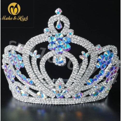Miss Beauty Pageant Tiara and Crown Clear Crystals Brides Round Prom Party Costumes Wedding Crowns Bridal Hair Accessory Blue