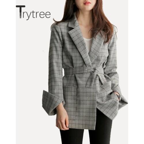 Trytree New Autumn Women Jackets Gray Plaid Office Lady 2018 Fashion Bow Sashes Split Sleeve Jackets Elegant Work Coats