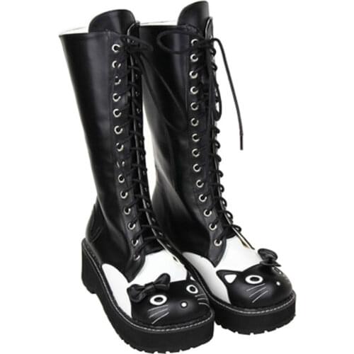 Womens Knee Thigh High Boots Round Cat Toe Lace Up Genuine Leather Chunky Heel Riding Lolita Cosplay Shoes Black Plus SizeMA1