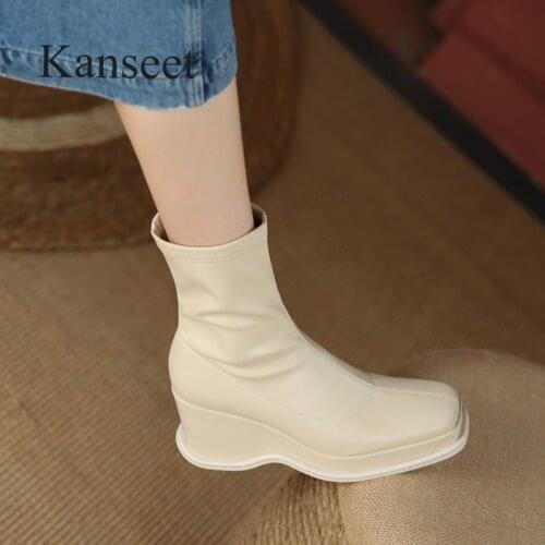 Kanseet Wedges Modern Boots 2021 Autumn Winter Fashion Stretch Leather Square Toe Zipper High Heels Women Mid-Calf Boots Beige