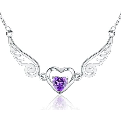 Angel Wings Necklace Pure Silver 925 Jewelry Romantic Purple Crystal Heart Necklaces For Women Sterling-Silver-Jewelry Necklace