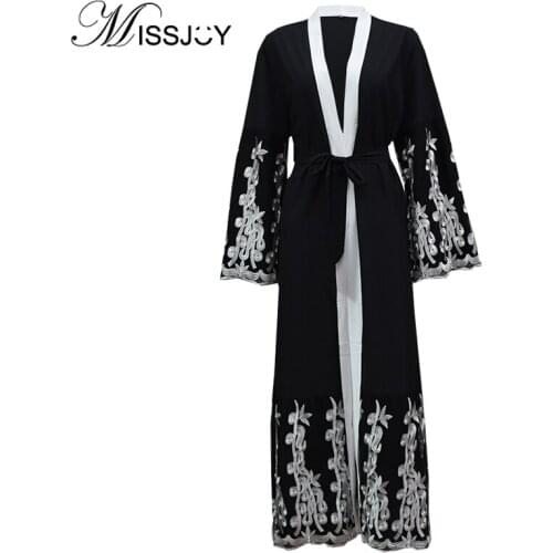 MISSJOY Islamic Clothing abayas for women V-Neck solid color Full sleeve floral Embroidery Indie Folk eid Ankle-Length dresses