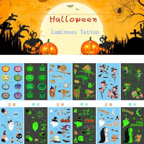 1 Sheets Children Cartoon Luminous Stickers Halloween Glowing Dark Fake Tattoo Body Art Waterproof Fake Tattoo Stickers