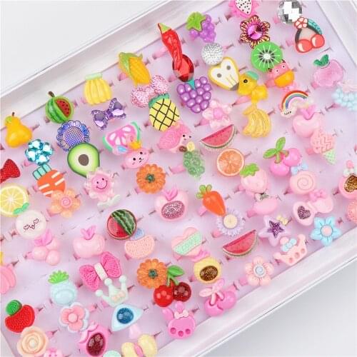 25pcs/lot Lovely Children Cute Cartoon Fruits Bow Rings For Kids Girls Opening Adjustable Jewelry Mix Style Best Gifts