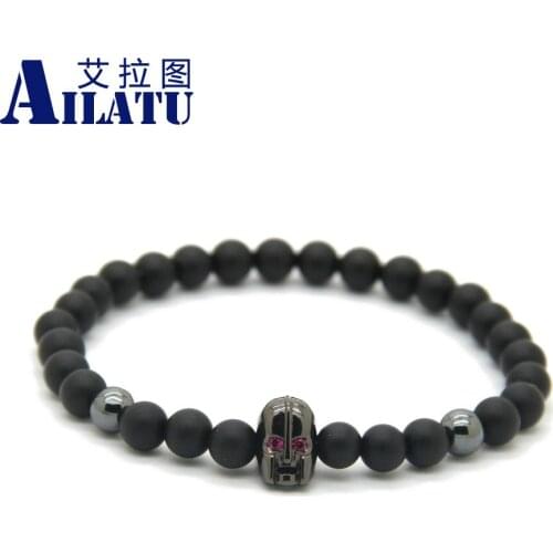 Ailatu High Grade 6mm Matte Stone Micro Pave Spartan Helmet Cz Bracelet Jewelry Pulseira Hombres