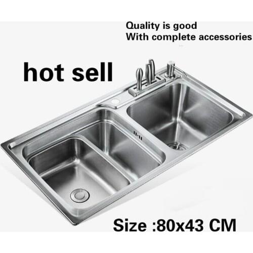 Free shipping Household standard big kitchen double groove sink do the dishes food grade 304 stainless steel hot sell 800x430 MM