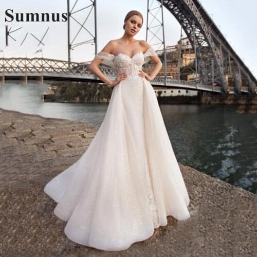 SoDigne Shinny Tulle Wedding Dresses Off Shoulder Appliques Lace Glitter Princess Bride Gown With Detachable Skirt