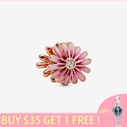 2020 New Arrival S925 Sterling Silver Beads Pink Daisy Flower Charms fit Original Pans Bracelets Women DIY Jewelry