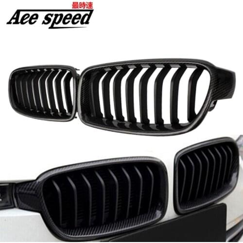 For BMW 3 Series Carbon Fiber single slat Front Grille F30 2013 2014 2015 - on Gloss Black Finish M Look